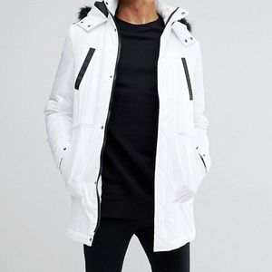 Tall Parka Jacket With Faux Fur Trim In White | Men’s Size Medium